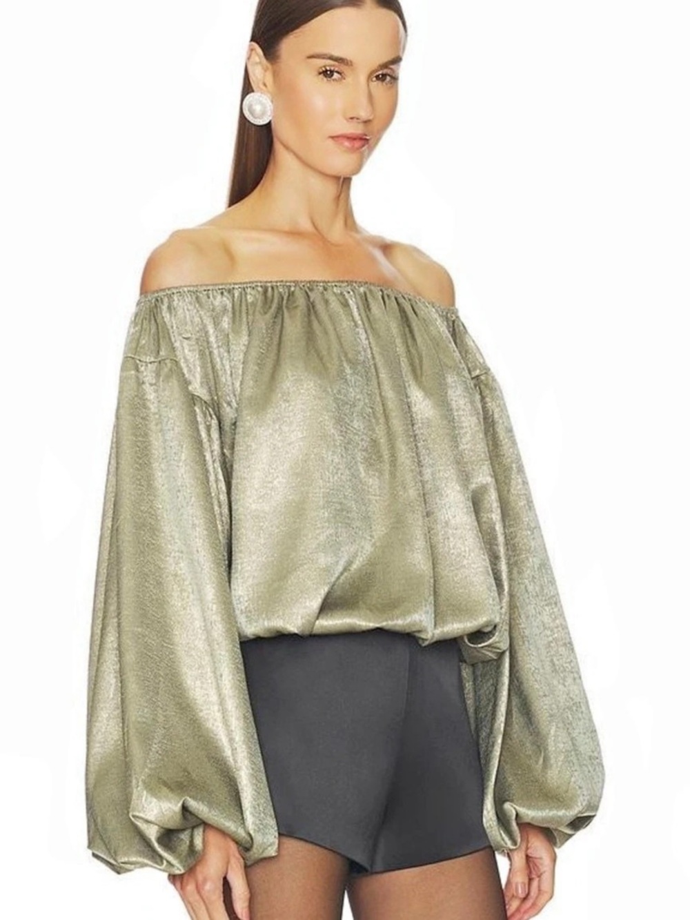 Caroline Constas Andros Top Off-Shoulder Metallic Blouse in Green silver Size Me